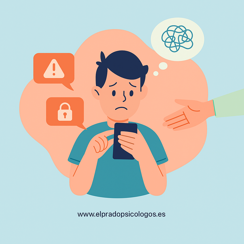 Dudas online y mano que acompaña Joven preocupado mirando el móvil con burbujas de alerta y una mano de ayuda; PSICÓLOGO IA y uso responsable de la tecnología.
